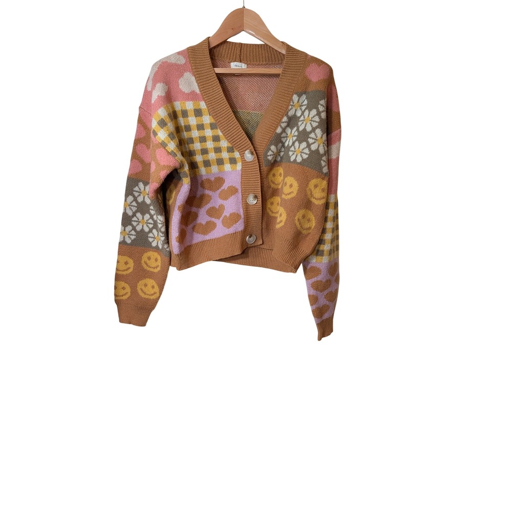 Debut Patchwork Cropped Cardigan Sweater Brown Pink Smiley Heart Daisy Large